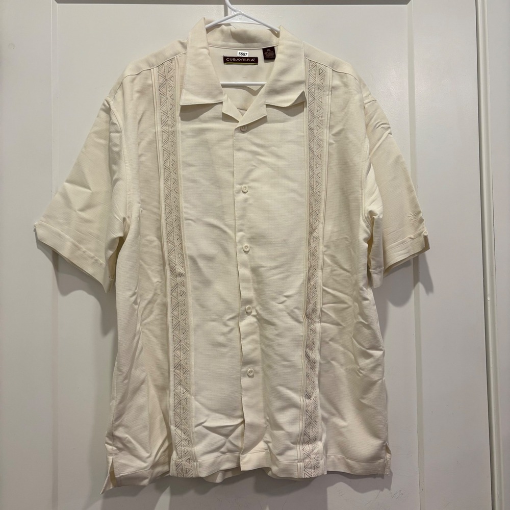 Cubavera Mens XL Cream Short Sleeve Button Down Camp Shirt Embroidered Tropical